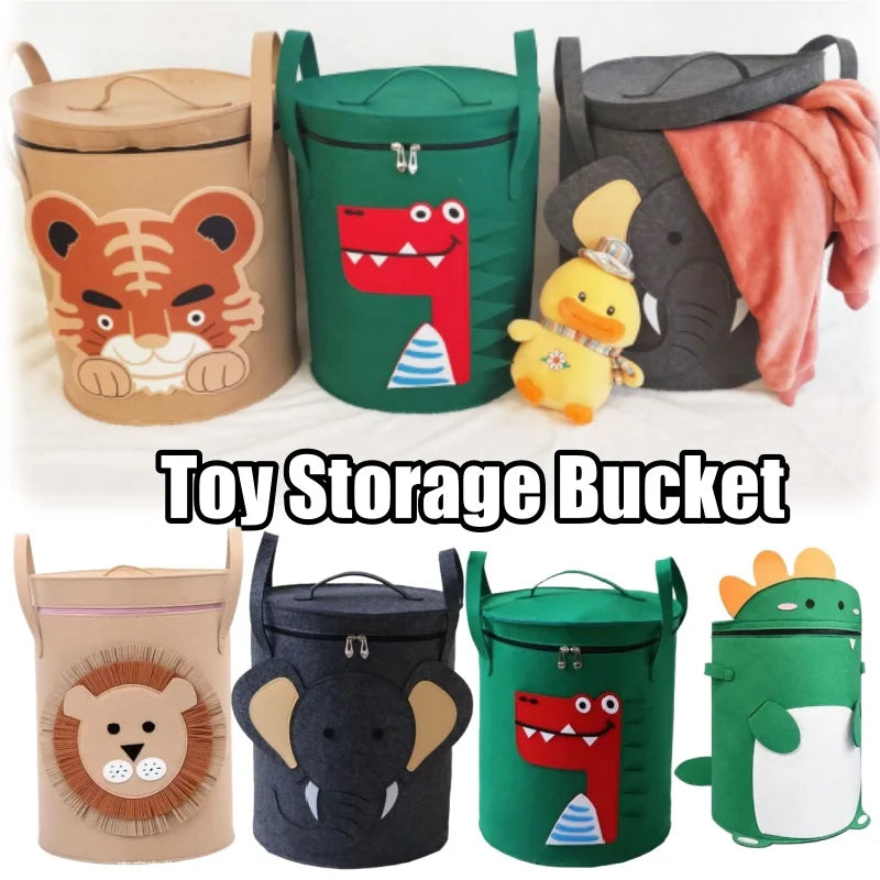 Felt animal-face toy storage buckets in tiger, lion, elephant and dinosaur designs