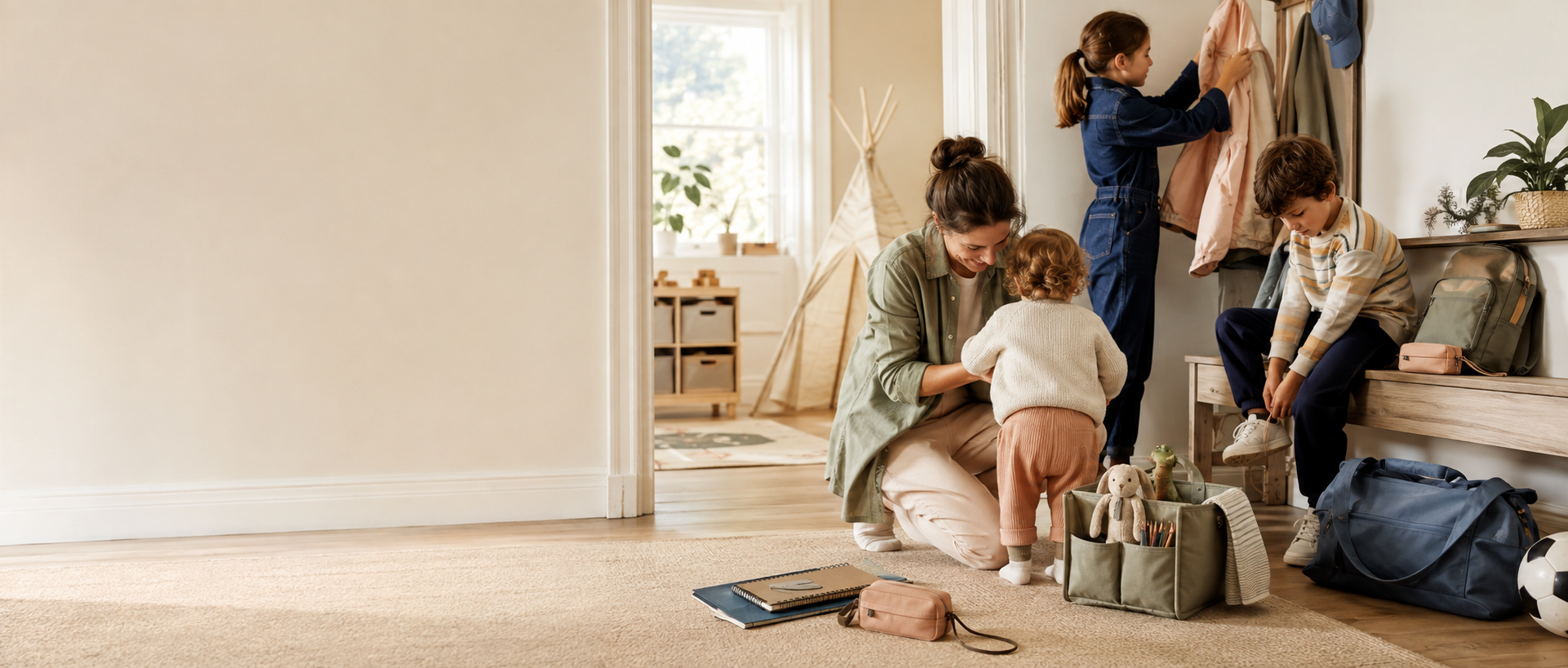 A parent and children getting ready together in a warm family hallway